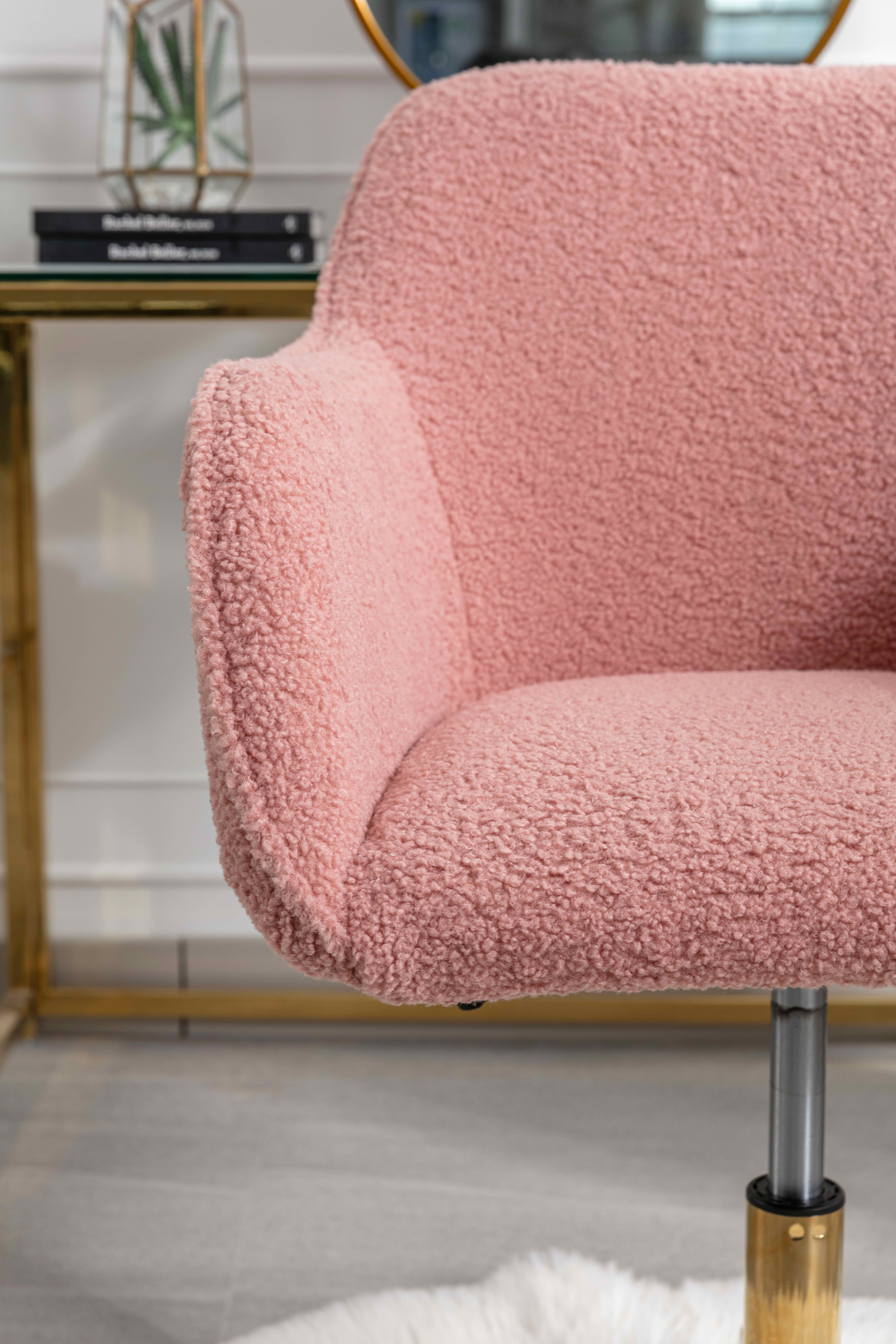 MAYEERTY Modern Teddy Fabric Office Chair, Adjustable Height 360° Revolving with Gold Metal Legs & Universal Wheels, for Indoor Home Office, Pink