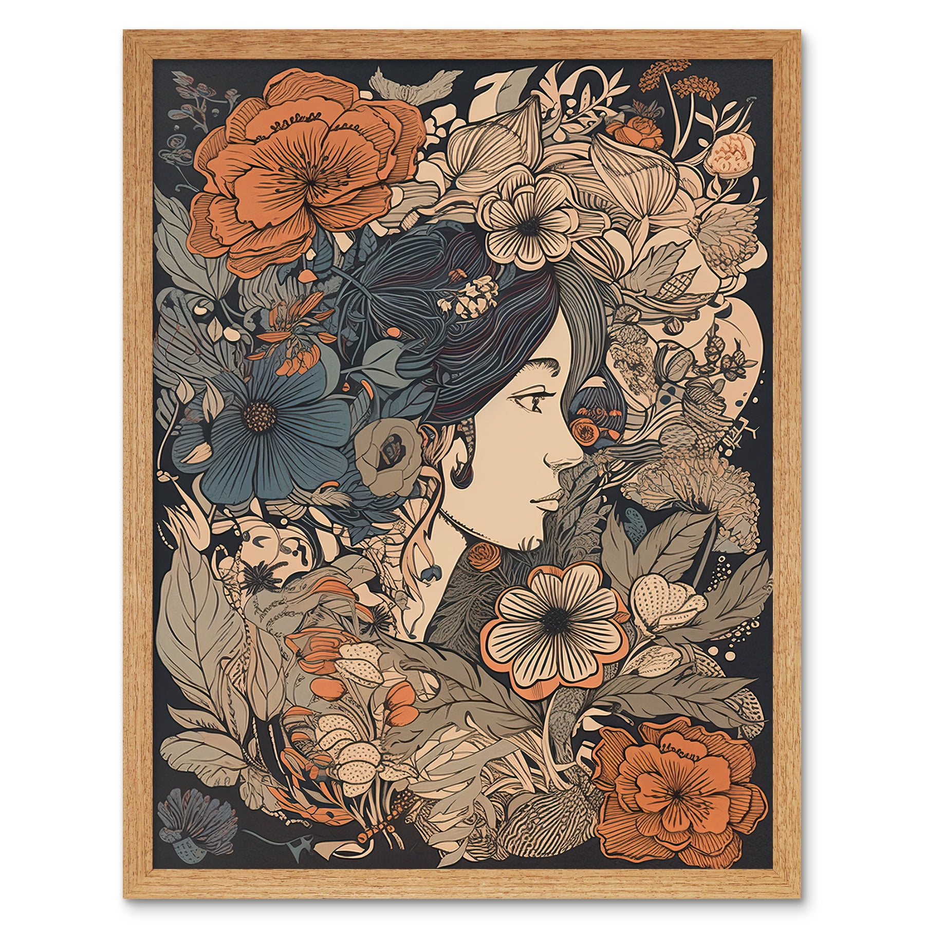Woman Floral Profile Portrait Boho Art Nouveau Art Print Framed Poster ...