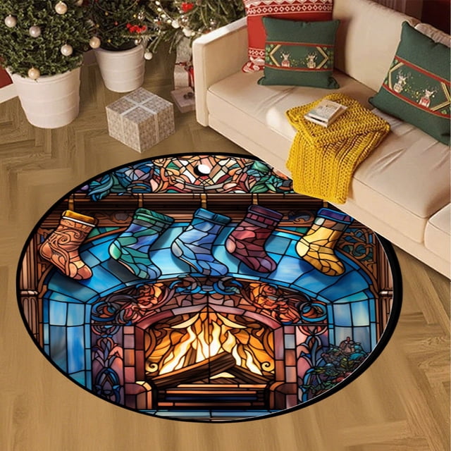 Alfombra Navideña Redonda de Poliéster Multicolor de 60 Cm (23,62 Pulgadas) para Salón | Ideal para Sofá y Mesa de Centro | Diseño Festivo de Renos y Estrellas | Fácil de Limpiar | 1 Unidad