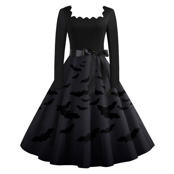 Womens Halloween Costumes 2024 Cosplay Gothic Dresses Women's Casual Fashion Halloween Print Vintage Long Sleeve Dress
