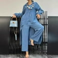 thumbnail image 4 of 2 Pcs/Set Fall Spring Women Shirt Pants Set Long Sleeves Lapel Lace Cuff Button-down Irregular Hem Blouse Elastic Waist Trousers OL Commuting Sport Pantsuit Outfit, 4 of 7