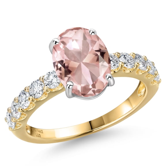 Gem Stone King 14K Two Tone Gold Peach Nano Morganite and Lab Grown Diamond Engagement Ring for Women | 2.97 Cttw | Oval 10X8MM | Gemstone October Birthstone | Size 5