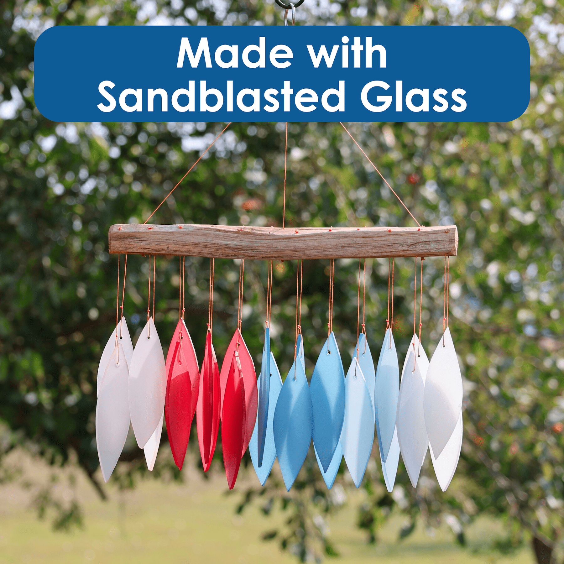 Blue Handworks New England Harbor Glass Leaves Windchime - Sandblasted Glass and Found Wood Handcrafted Wind Chime