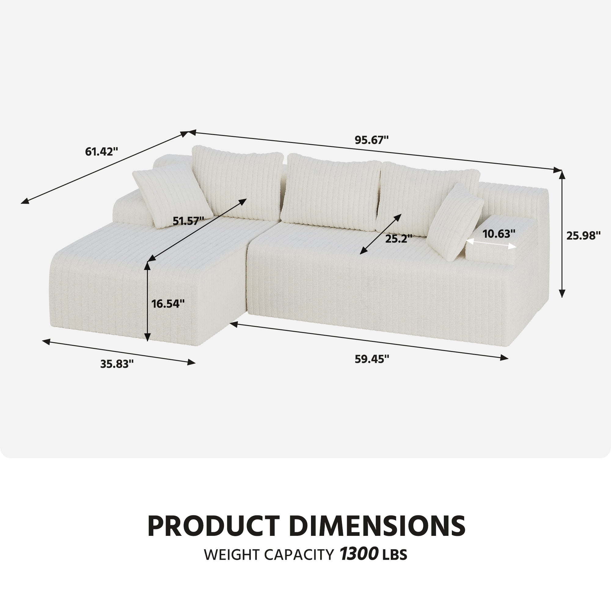 LAUSAINT HOME 96" Boneless Sectional Sofa, L-Shaped Modular Cloud Couch with Deep Seat & Plush Corduroy Fabric, Left Facing Chaise
