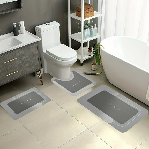 Dark Gray 3 Piece Bathroom Mat Set Absorbent Non Slip Toilet Rug Combo 16x24 20x31 20x24 Inches