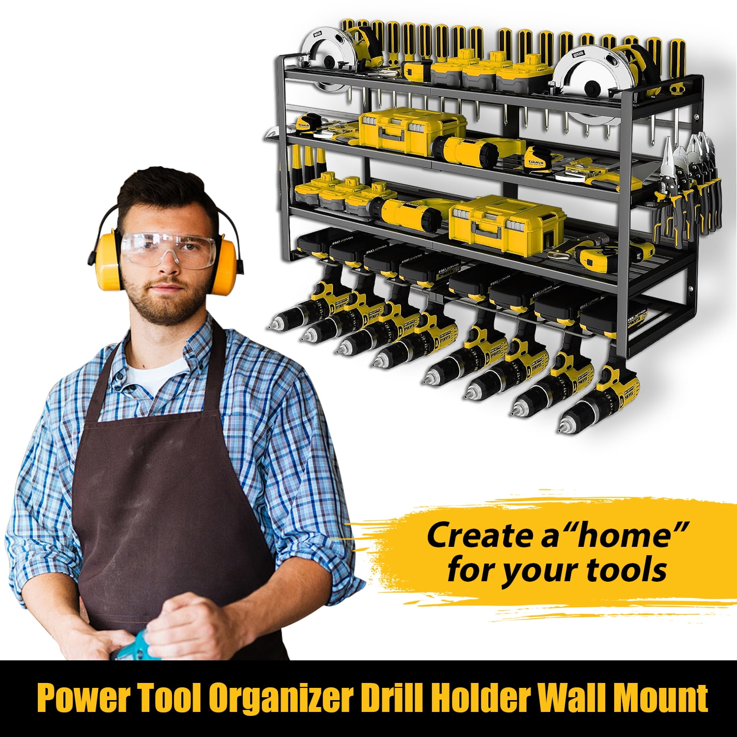 Large Power Tool Organizer Wall Mount, 4 Large Layers Heavy Duty Metal Garage Organization Loads 300lbs with 8 Cordless Drill Holder, Power Tool Shelf for Workshop, Utility Racks