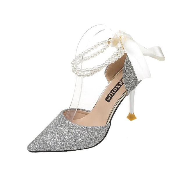 2022 nuevas sandalias cómodas de verano y primavera para mujer, zapatos informales con correa en el tobillo y cuentas, punta estrecha, tacón medio, Pearls34 para mujer Gao Jinjia LED