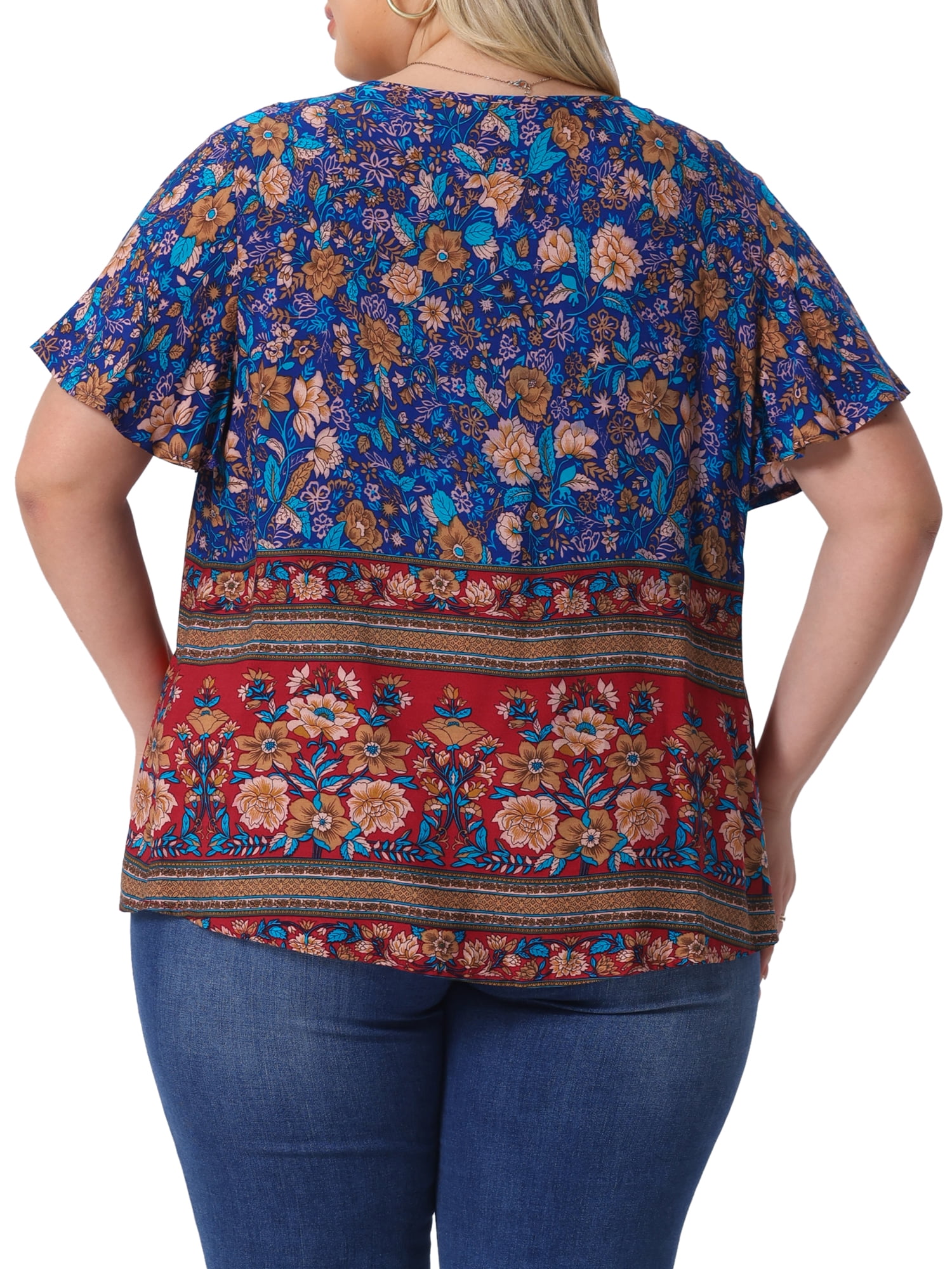Women's Plus Women's Keyhole Ruffle Short Sleeve Boho Floral Blouse 4X Navy Blue