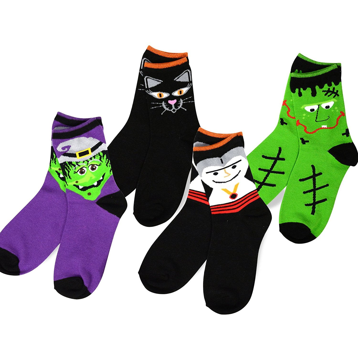 TeeHee Halloween Kids Cotton Fun Crew Socks 4-Pair Pack (6-8 Years, Scary Faces)