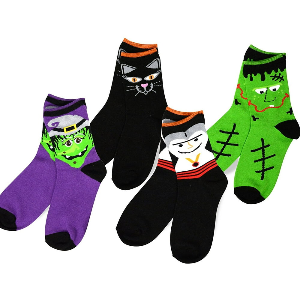 TeeHee Halloween Kids Cotton Fun Crew Socks 4-Pair Pack (3-5 Years ...