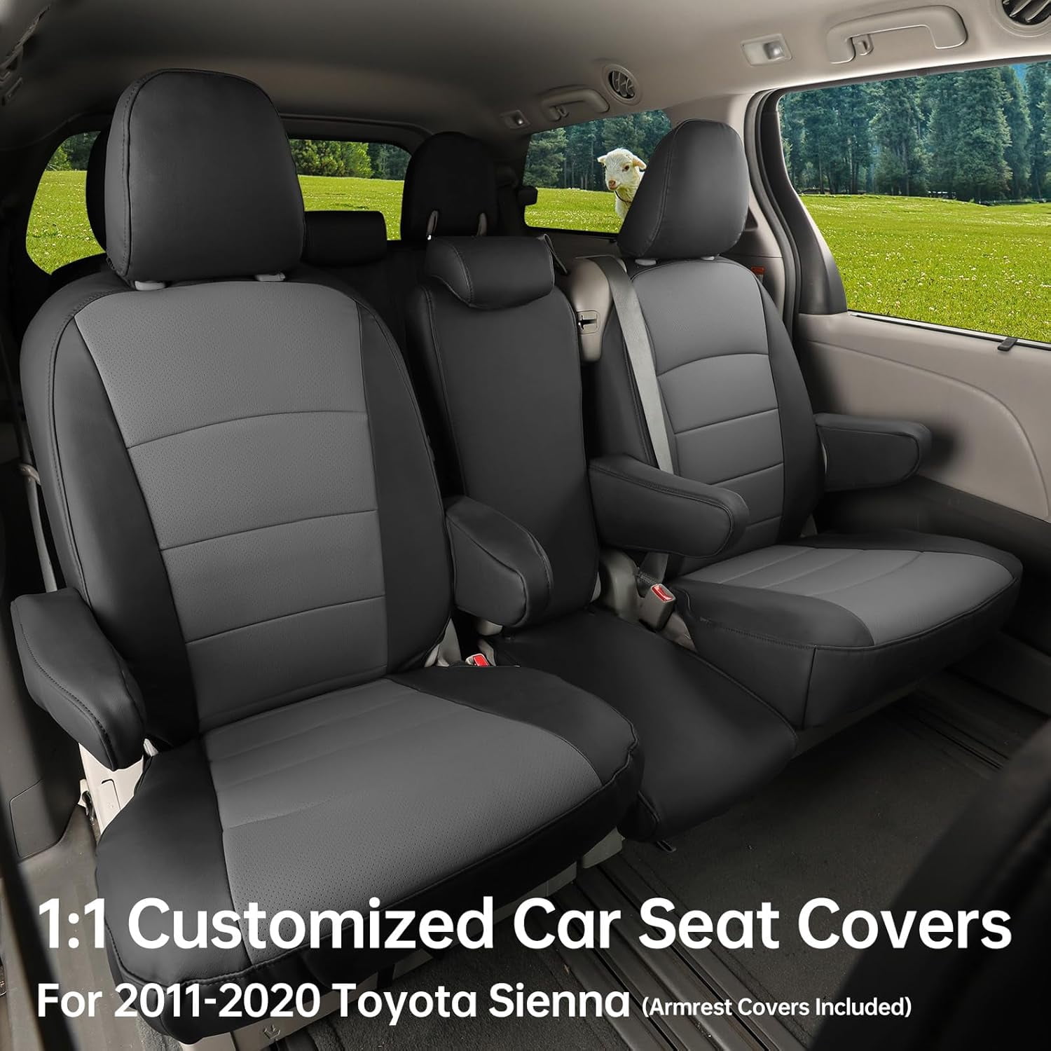 coverdream Sienna Car Seat Covers Custom Fit for 2011-2020 Toyota Sienna SE,LE,XLE,SE/XLE Premium,8-Seater - Leather Auto Seat Covers(Full Set,Black/Gray)