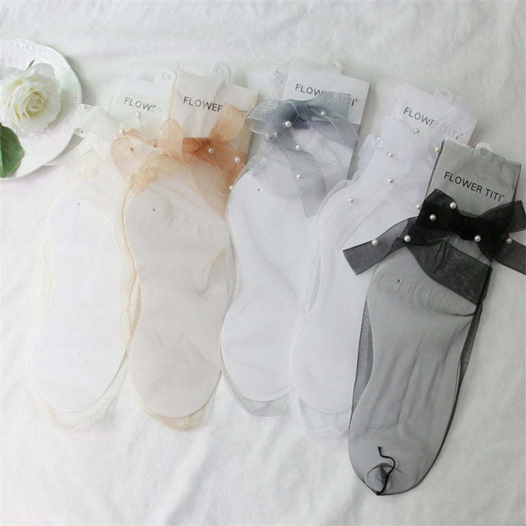 KelaJuan Women Tulle Socks, Sheer Bowknot Pearl See-through Loose Long  Socks for Spring Summer