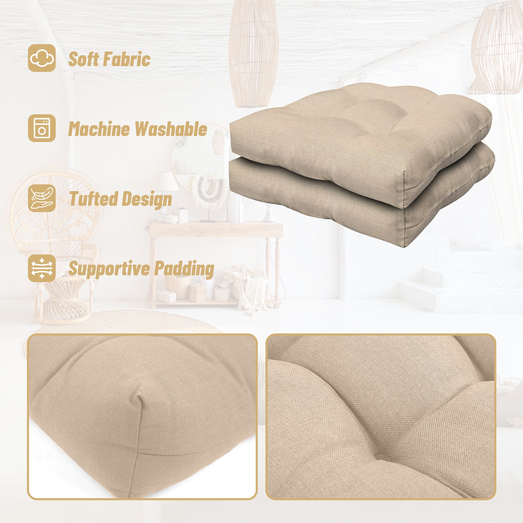 Tufted Chair Seat Cushions Cushion Pads 19"""" x 19"""" Patio Furniture Chair Pads Light Khaki