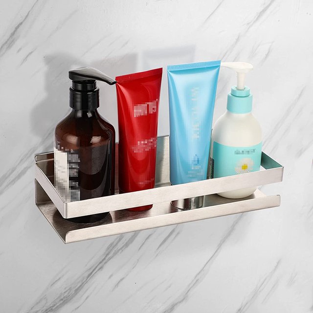 10 Inch Bathroom Shower Shelf Stainless Steel Bath Kitchen Basket Shower Caddy Rack, Rust Proof Metal Bathroom Storage Floating Shelves Wall Mounted Shower Corner Rectangular Shelf (Silver)