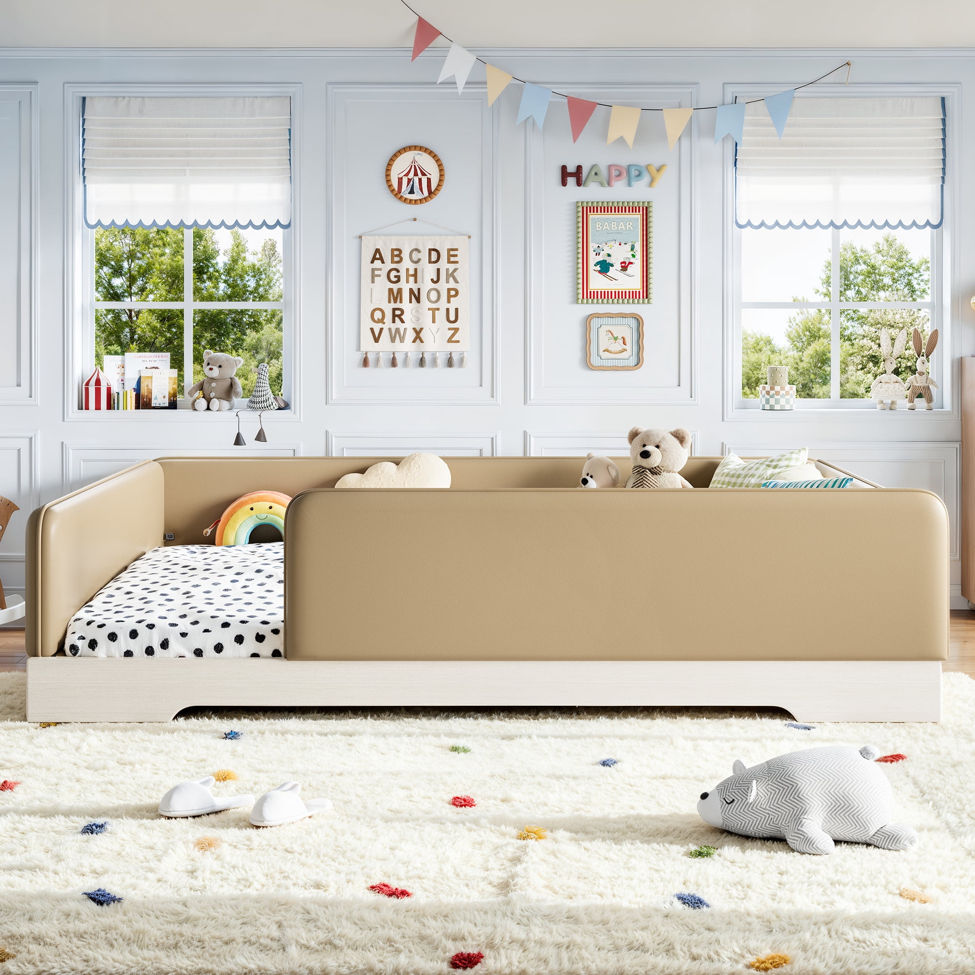 Queen Upholstered Floor Bed 82.68 Inch, Faux Leather Montessori Bed with Removable Guardrails, Low Profile Platform Bed for Kids, Brown