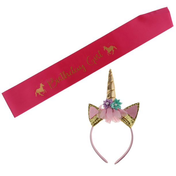 2 piezas de oro brillo diadema cumpleaños chica satén fajín conjunto rosa roja Sunnimix Conjunto de banda y fajín de unicornio