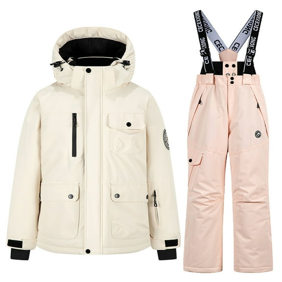 TEAJOPSUU Boys Boys Ski Jacket and Snowbib Snowsuit Set 2 Piece Winter Thick Waterproof Windproof Zip Up Hooded Jacket and Overall Snowsuit Set for Kids 3-14 Yesrd A-Pink