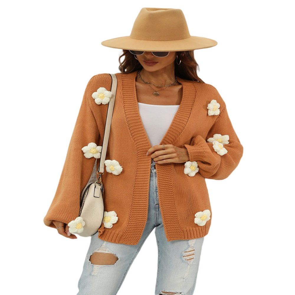 Women Fashion Wild Cardigan Flower Decor Lantern Long Sleeve Knitted  Sweater Coat Autumn Winter Open Front Outerwear