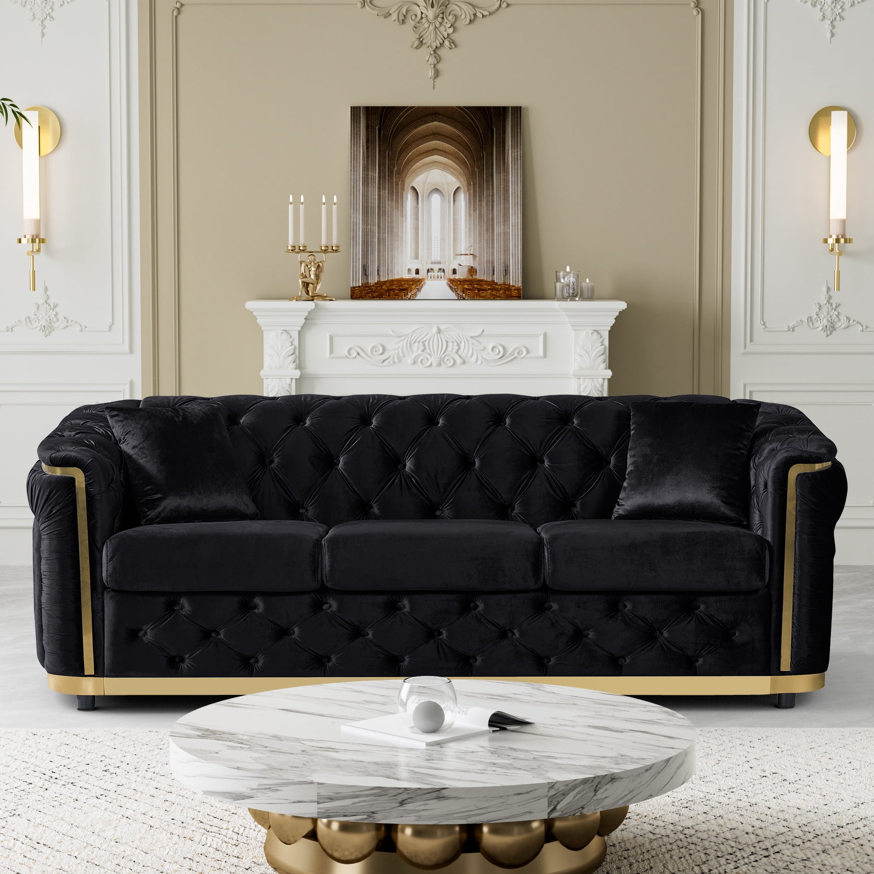 Wiilayok 84.6" Velvet Button Tufted Sofa,Mid-Century Classic Chesterfield Sofa Couch with Thick Backrest&Armrest,Gold Steel Accents,3 Seat Sofa Couches for Living Room,Black