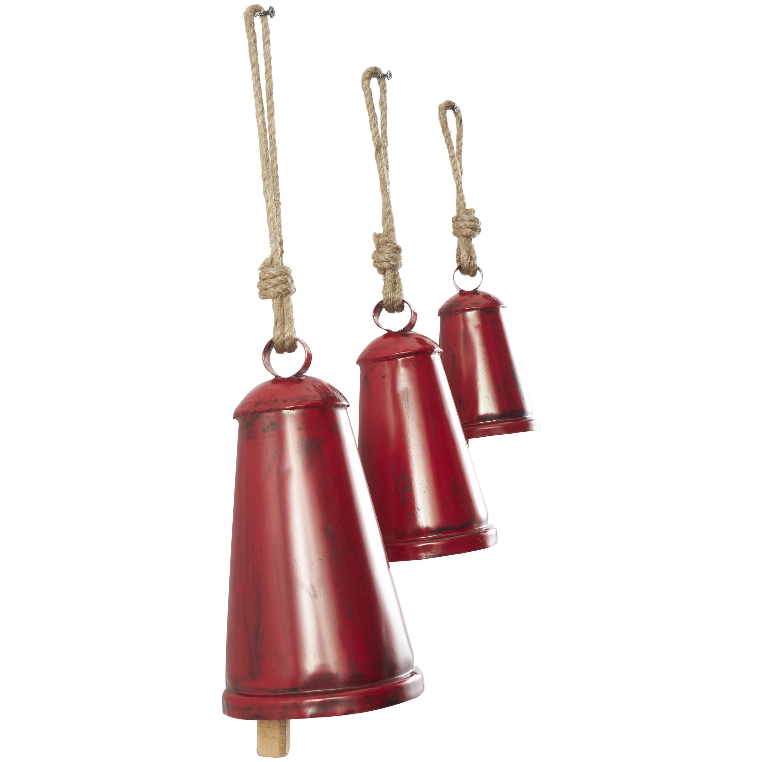 DecMode Tibetan Inspired Red Metal Narrow Cone Decorative Cow Bells with Jute Hanging Rope, 3 Count