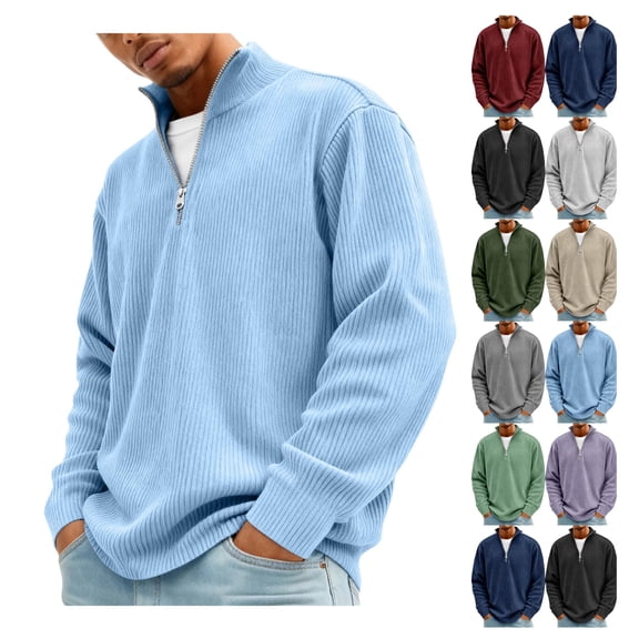 Corduroy Mock Neck Pullover for Men Quarter Zip Long Sleeve Casual Sweatshirt Fall Top Gray 4XL
