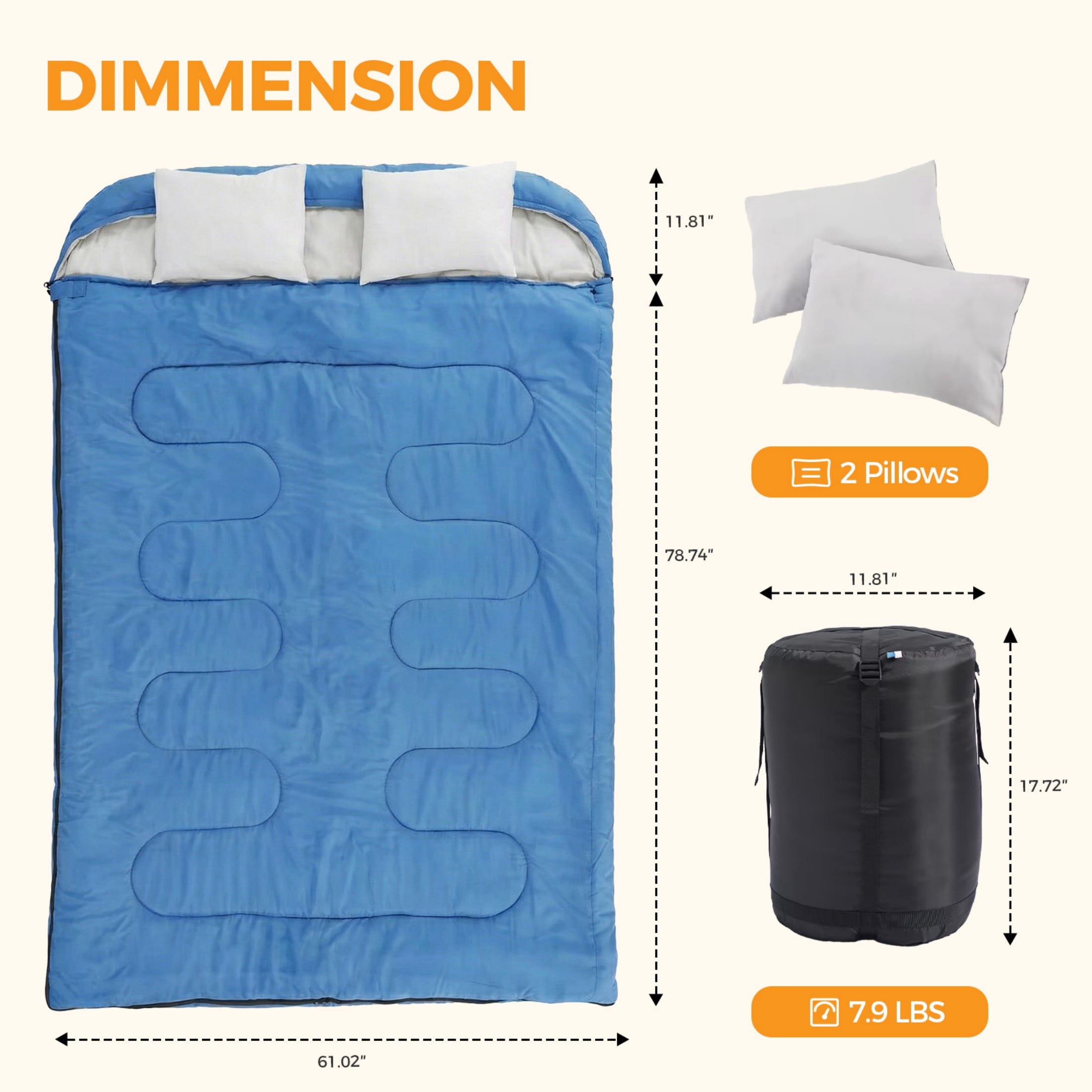 SHOUFTW Double Sleeping Bag for Adults, Lightweight Waterproof, Machine Washable for Camping Hiking Backpacking, Blue