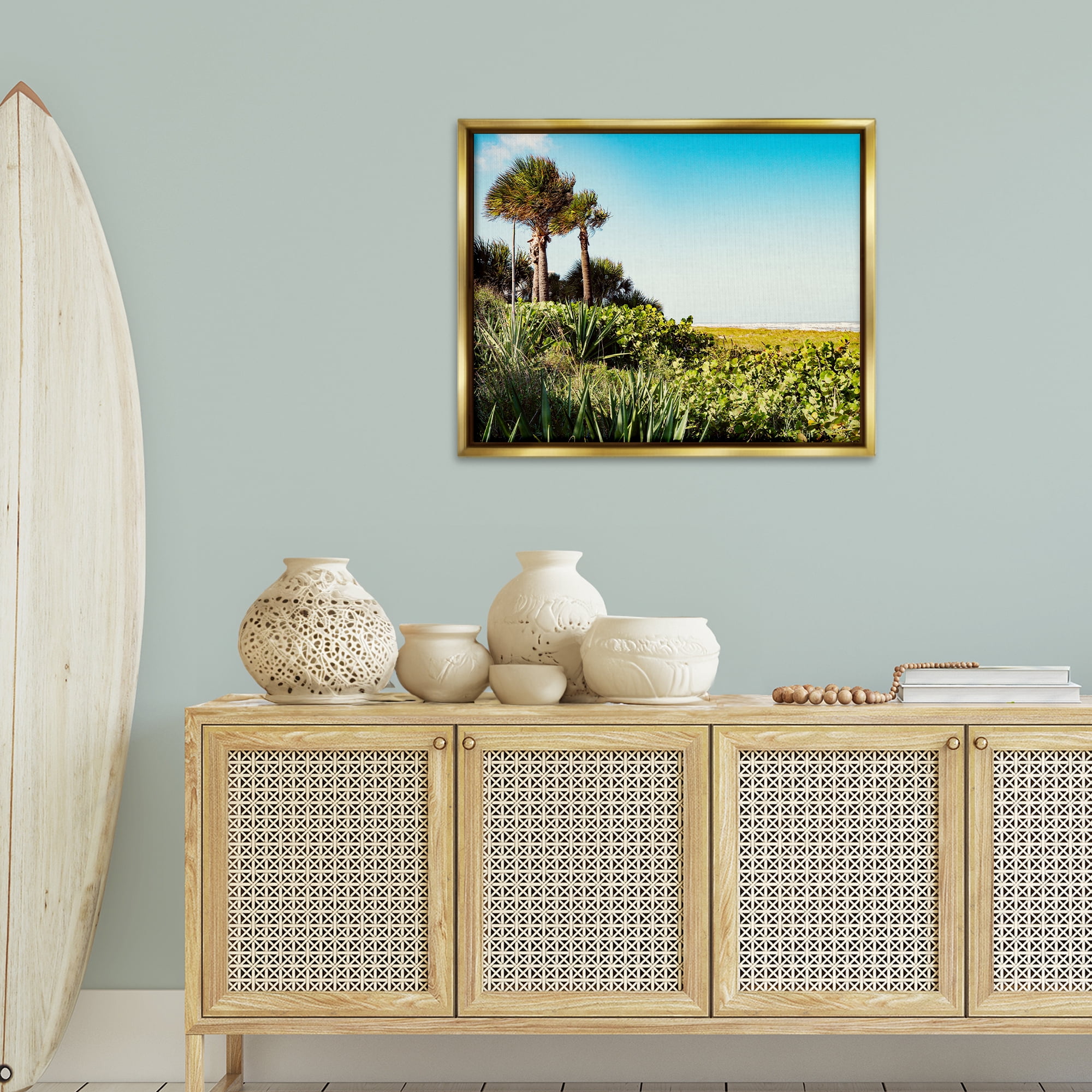 Stupell Industries Lush Tropical Shoreline Landscape Photography Gold Floater Framed Canvas Art Print Wall Art, 31 x 25