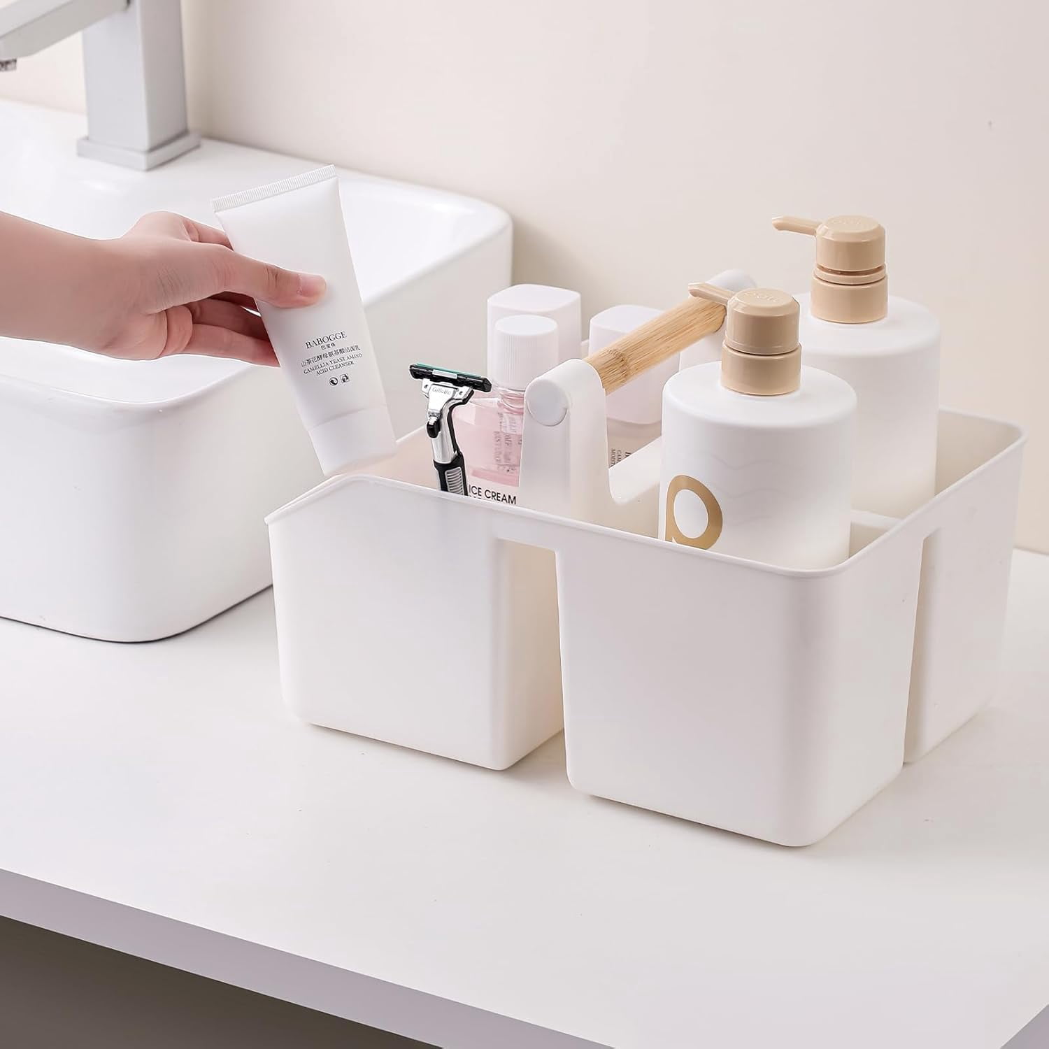 Portable Shower Caddy Basket with Bamboo Handle, Plastic Cleaning Caddy Bathroom Organizer Tote for College Dorm Essentials, Bath Toy Storage, White