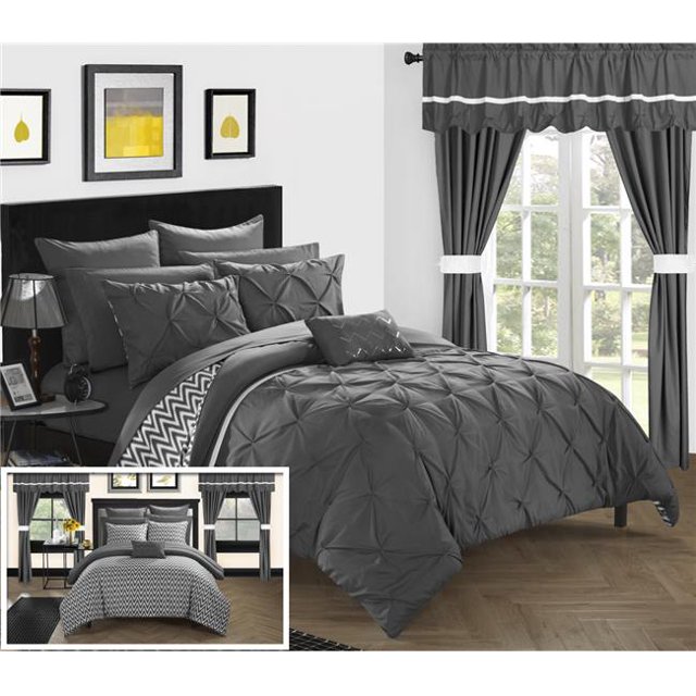 Chic Home CS0586-US Pinch Pleated Design Reversible Chevron Pattern Comforter Set with Sheets, Window Treatments & Decorative Pillows - Grey - Queen - 20 Piece
