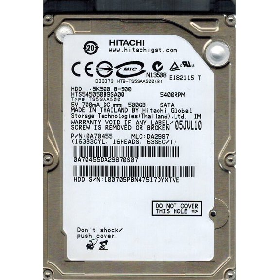 Hitachi HTS545050B9SA00 P/N: 0A70455 500GB MLC: DA2987