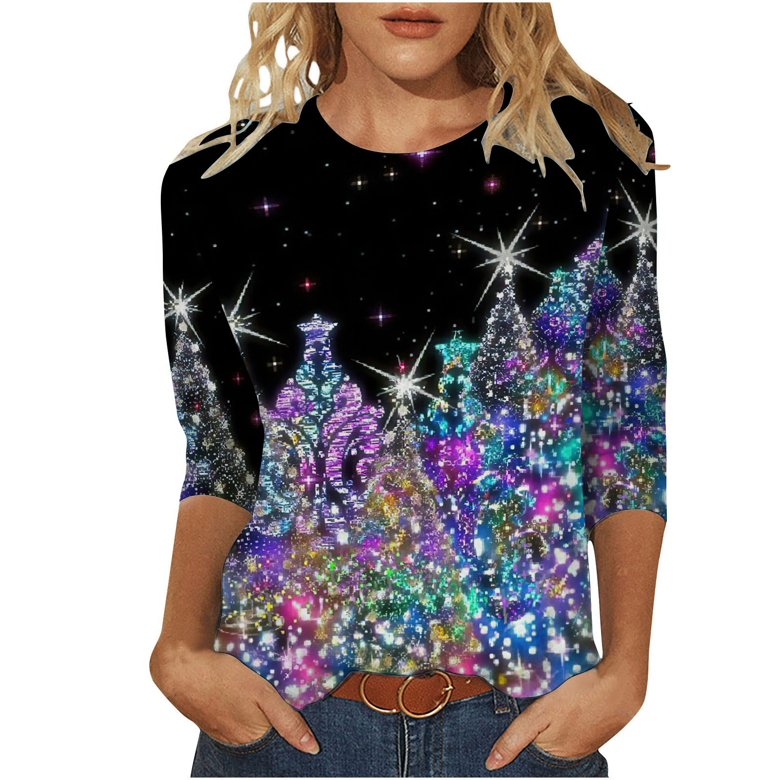 Aboser Merry Christmas Tops Women Shiny Christmas Tree Pullover Shirt ...