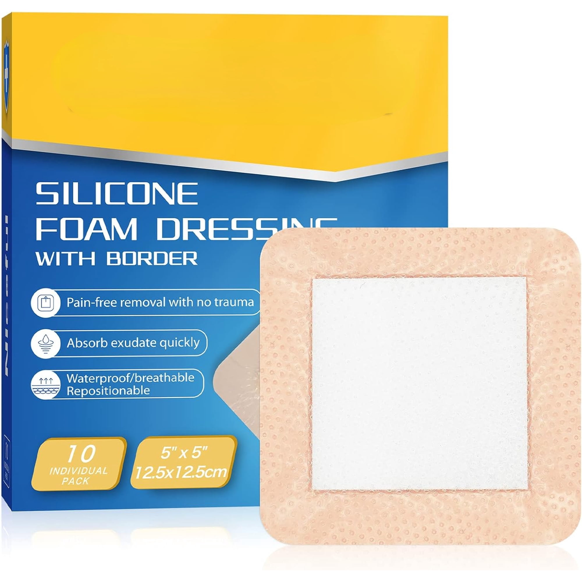 10 Packs 5"x5" Silicone Foam Dressing with Gentle Border(3"x3" Pad)–Bandages for Wounds, Pressure Sores Post-Surgery Incisions Abrasions & Blisters, High Absorbency Wound Care HSA/FSA Eligible