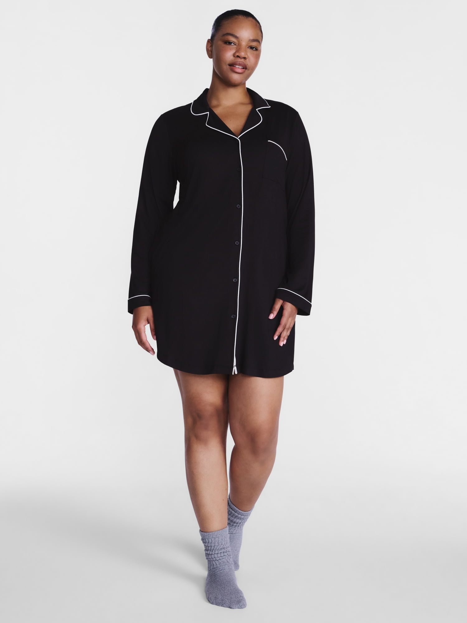 Joyspun Women's Dreamy Soft Collection Notch Collar Sleepshirt with Long Sleeves, Sizes XS-3X
