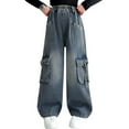 thumbnail image 2 of MAIHAN-Girls' Cargo Pants Autumn Denim Pants, Loose Wide-Leg Pants , Soft Durable Breathable Denim Fabric, Versatile Casual Machine-Washable,Girls' Daily Outdoor Long Pants(Blue,4-5Years), 2 of 6