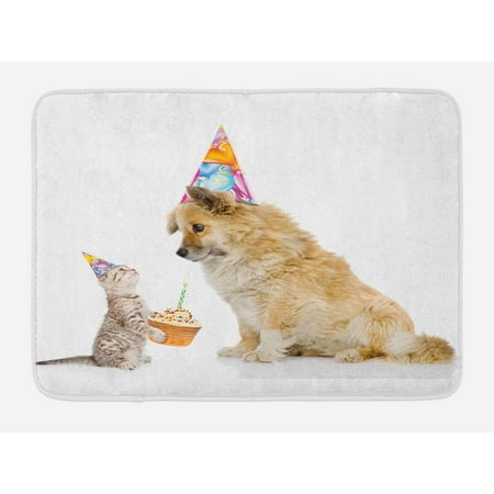 Kids Birthday Bath Mat, Cat and Dog Domestic Animals Human Best Friend Party with Cupcake and Candle, Non-Slip Plush Mat Bathroom Kitchen Laundry Room Decor, 29.5 X 17.5 Inches, Multicolor, (Best Human Soap For Dogs)