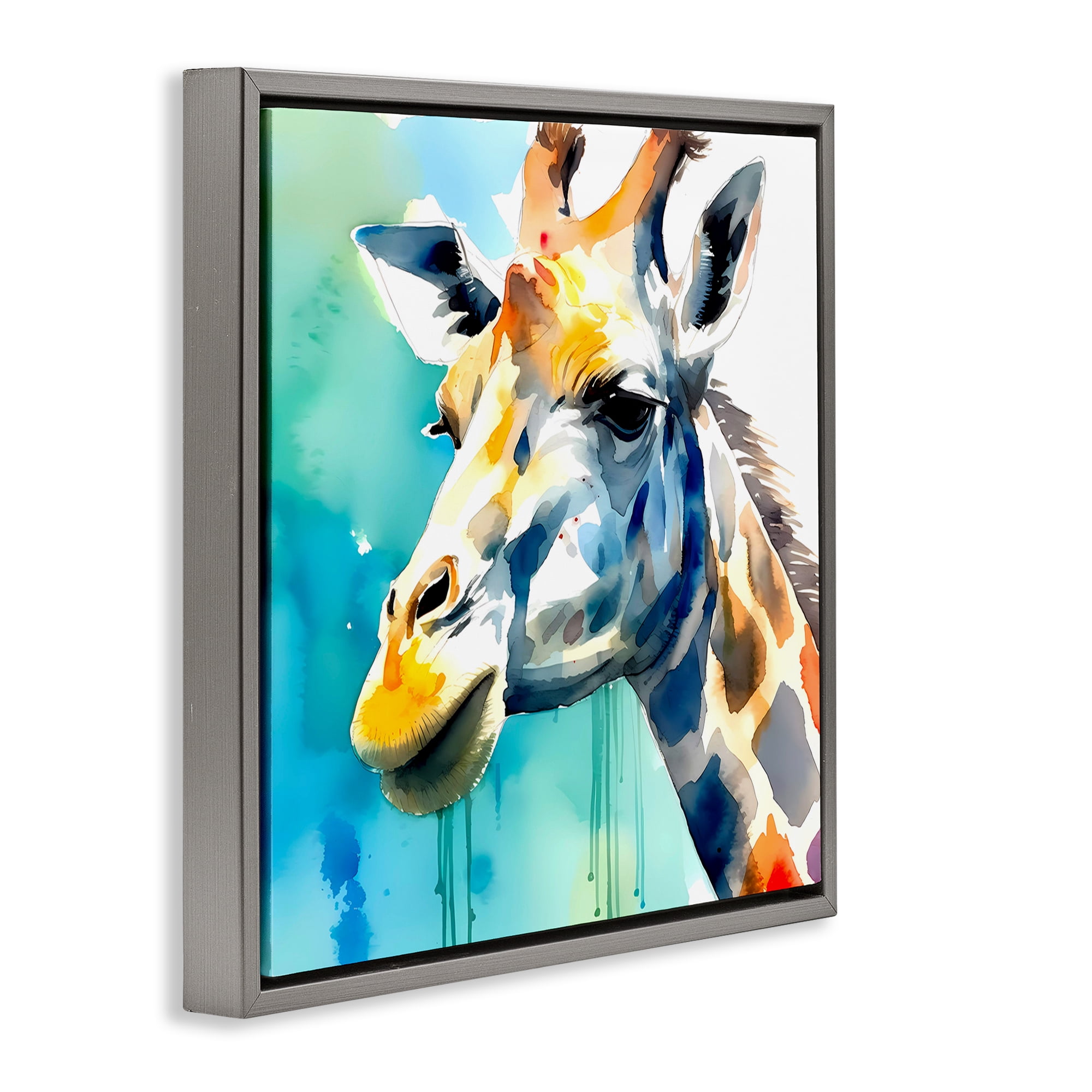 Stupell Industries Giraffe with Blue Splash Animals & Insects Painting Gray Floater Framed Canvas Art Print Wall Art, 18 x 18
