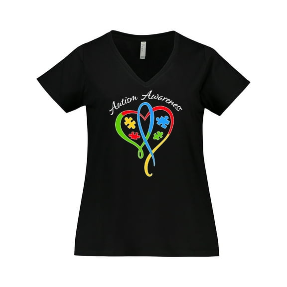Inktastic Autism Awareness Heart Ribbon and Puzzle Pieces Women's Plus Size V-Neck T-Shirt