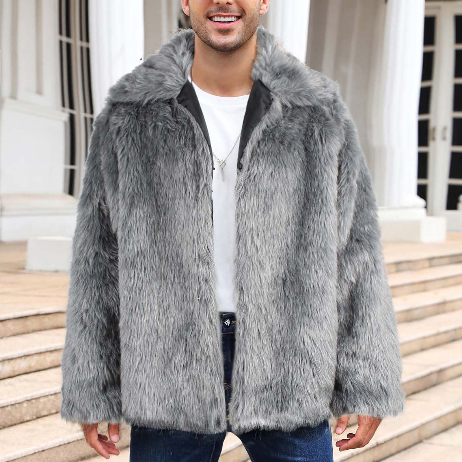 Penkiiy Men's Faux Fur Short Coat Winter Leopard Warm Penkiiy Men's Faux Fur Short Coat Winter Leopard Warm