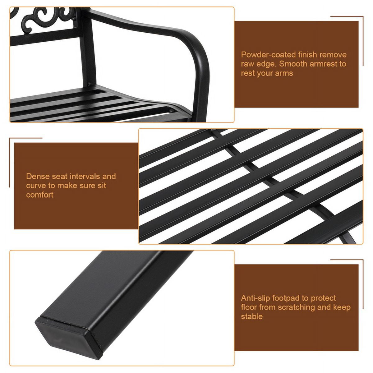 50" Iron Outdoor Courtyard Decoration Park Leisure Bench for Garden Path Patio Black