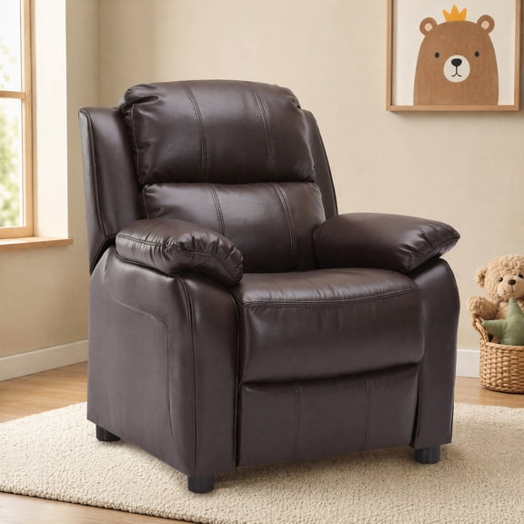 Snugway Kids Recliner,Kids Ages 2-7,Faux Leather Armrest Storage and Footrest,Brown