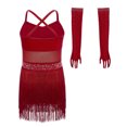 thumbnail image 5 of Choomomo Girls Sequin Fringed Dresses Tassel Skirted Leotard Latin Dance Outfits with Gloves Party Bodysuit Burgundy 12, 5 of 7