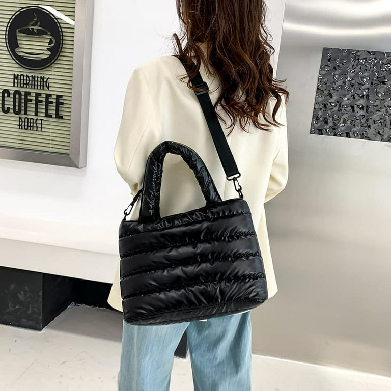 Black with Pink Linning Luxury Handbags Fashion Fall Winter Lightweight Filling Quilted Puffer Tote