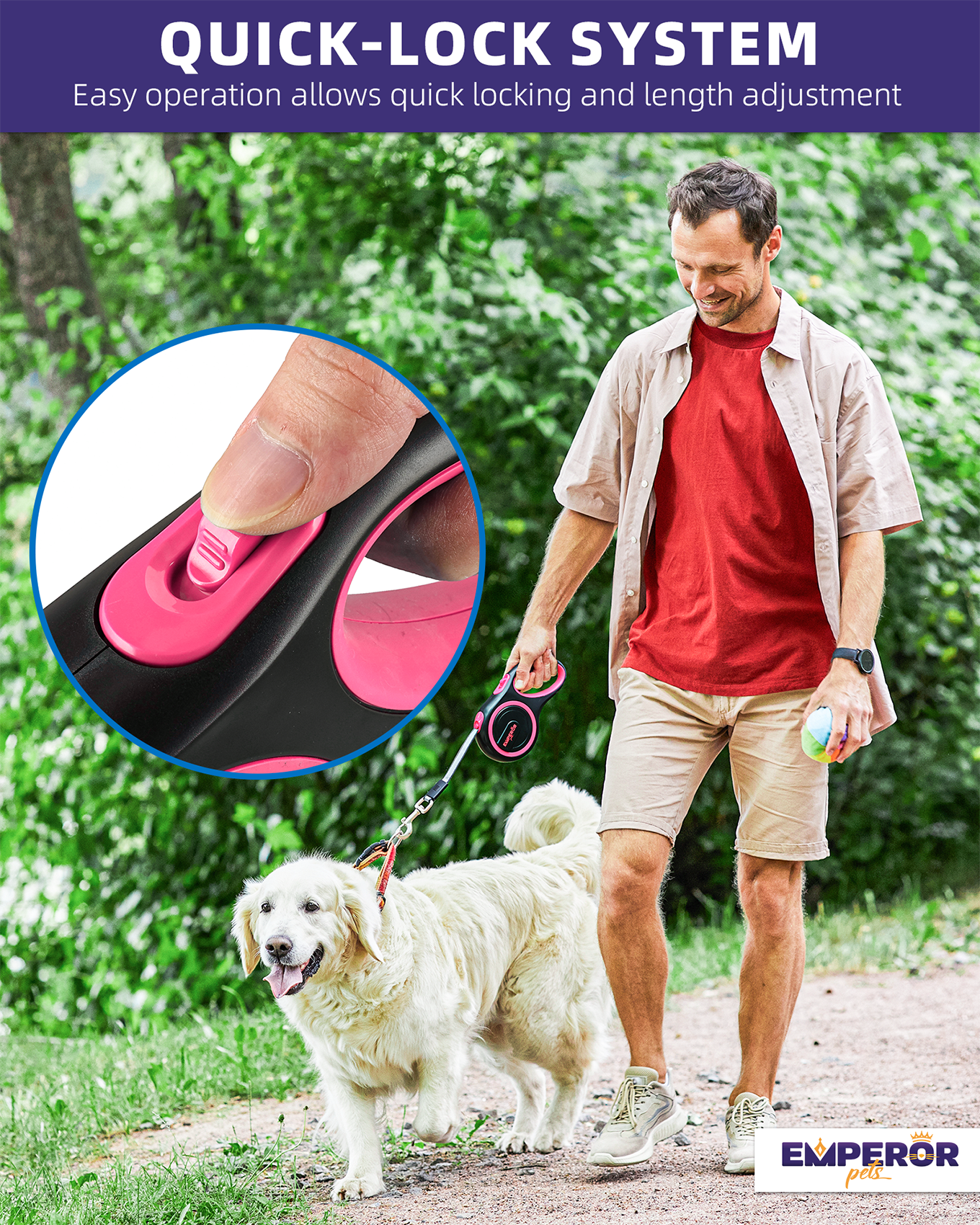 Emperor Pets Retractable Dog Leash, 26 ft, Large, Pink, for Dogs up to 110 lbs -PK26
