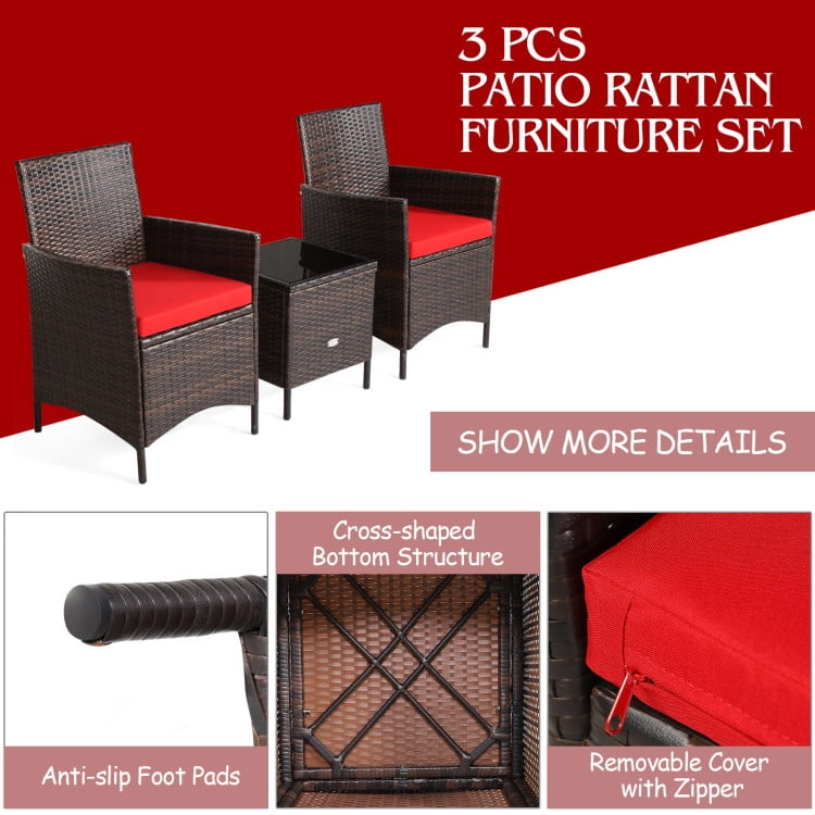 Aimee Lii 3 Pieces Wicker Patio Furniture Set, Conversation Sofa Bench Cushion, Modern Patio Furniture, Red Aimee Lii 3 Pieces Wicker Patio Furniture Set, Conversation Sofa Bench Cushion, Modern Patio Furniture, Red