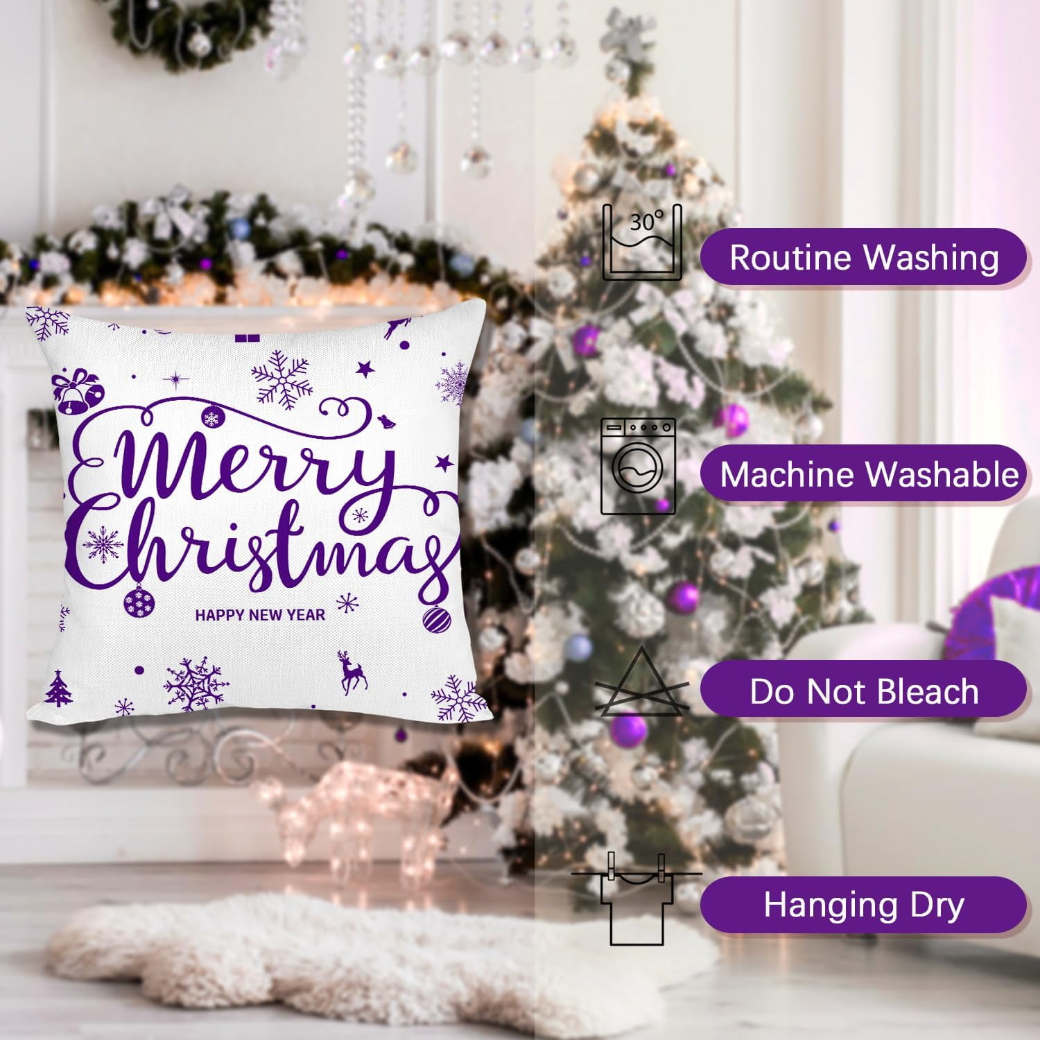 Purple Christmas Throw Pillow Covers 18x18 Set of 4 Christmas Decoration Trees Deer Snowman Merry Christmas Decorative Holiday Farmhouse Pillow Covers for Holiday Christmas Decoration