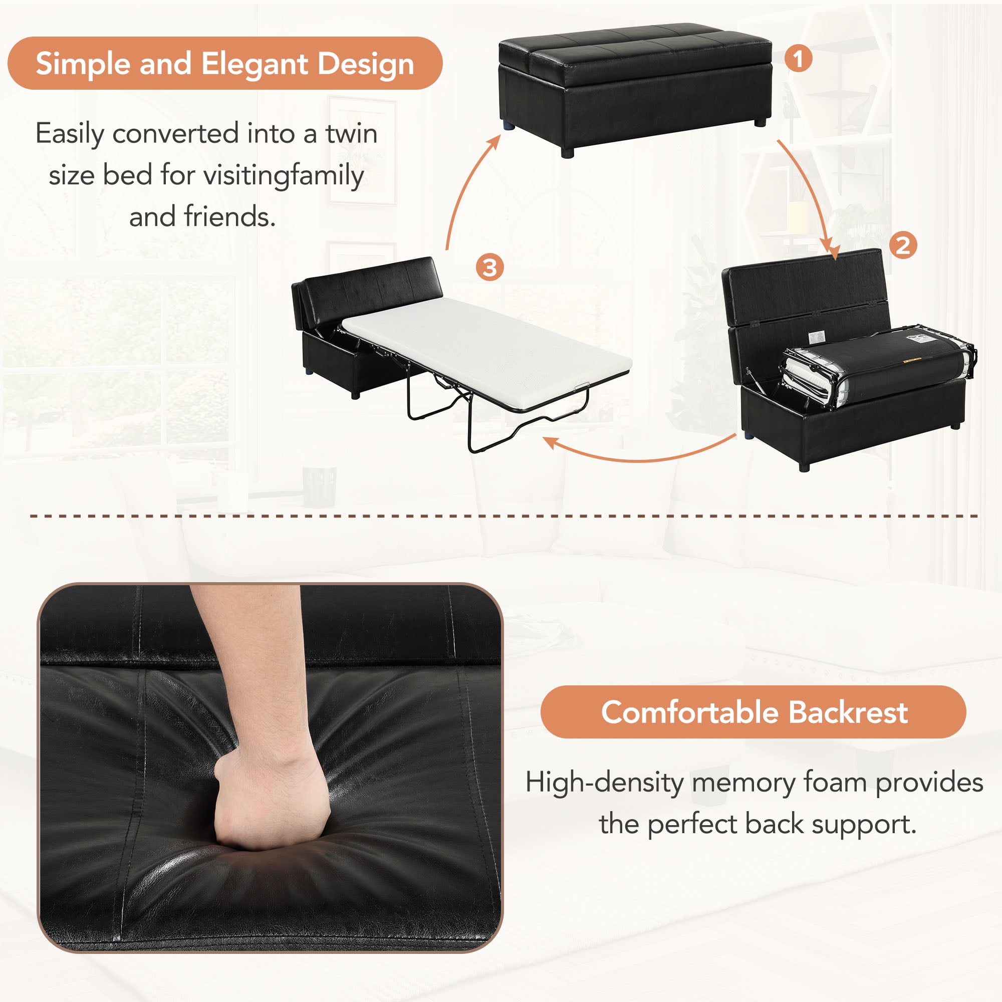 Euroco Twin Size Folding Ottoman Sleeper Bed with Mattress Convertible Guest Bed，Black