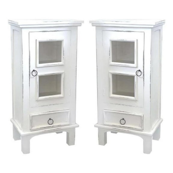 Home Square 1-Door Wood End Table & Nightstand in Distressed White - Set of 2