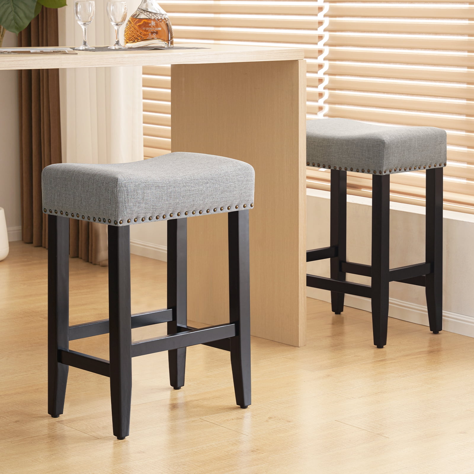 Furniliving 26" Modern Saddle Barstools, Linen Backless Kitchen Counter Bar Stool, Set of 2, Gray