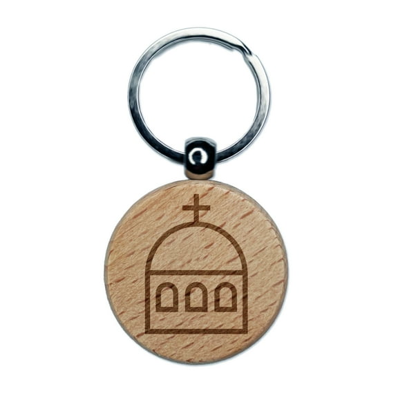 Greece Greek Symbol Church Dome Round Keychain Charm Tag - Engraved Wood