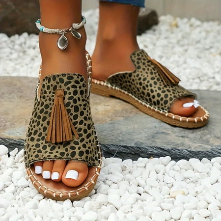 

SHZHYIQIMR Stylish Leopard Print Fringe Random Slippers Comfortable Flats Beach Shoes Casual Sandals Slingback Flip Flops Trendy Slides